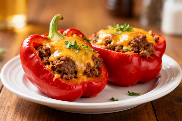 Air fryer beef stuffed peppers with tender roasted red bell peppers, seasoned ground beef, melted cheddar cheese, and fresh parsley, served as a hearty family friendly dinner.