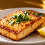 Air fryer tofu steak with a crispy golden crust, tender tofu center, fresh cilantro, and a lemon wedge, served as a flavorful high protein vegetarian main dish.