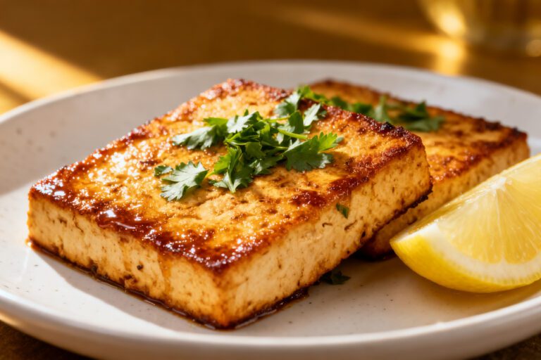 Air fryer tofu steak with a crispy golden crust, tender tofu center, fresh cilantro, and a lemon wedge, served as a flavorful high protein vegetarian main dish.