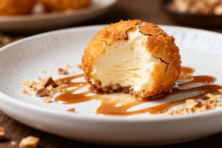 Air fryer deep fried ice cream with a crispy golden coating, creamy vanilla ice cream center, caramel drizzle, and chopped nuts, served as a restaurant style homemade dessert.