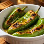 Air fryer green peppers with blistered roasted green peppers, lightly charred skins, fresh rosemary, and olive oil, served as a quick and flavorful vegetable side dish.