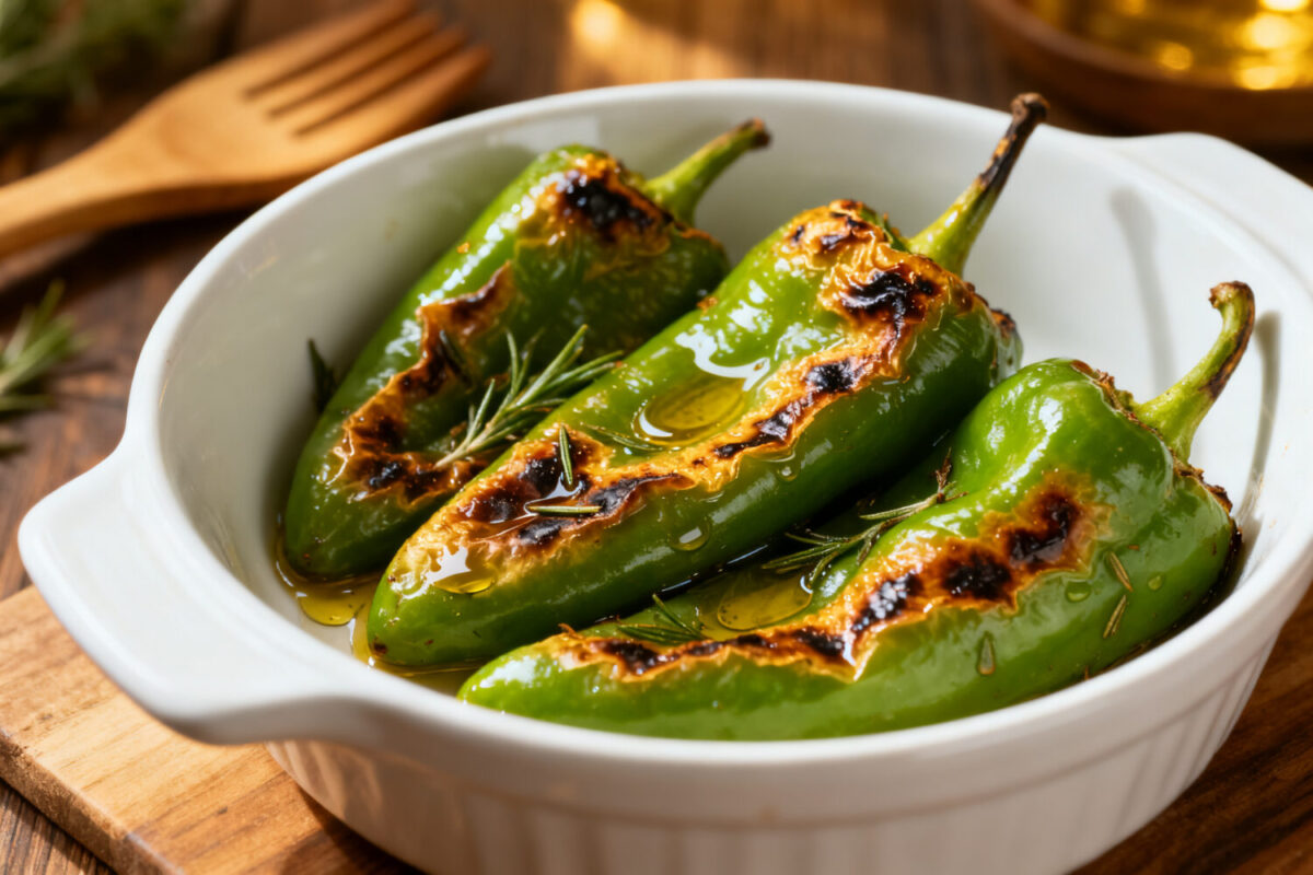 Air fryer green peppers with blistered roasted green peppers, lightly charred skins, fresh rosemary, and olive oil, served as a quick and flavorful vegetable side dish.