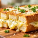 Air fryer cheesy garlic bread with crispy golden toasted bread, gooey melted cheese, garlic butter, parsley, and grated Parmesan, served as a warm comforting side dish.