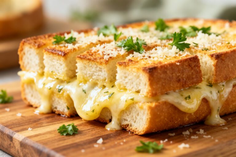 Air fryer cheesy garlic bread with crispy golden toasted bread, gooey melted cheese, garlic butter, parsley, and grated Parmesan, served as a warm comforting side dish.