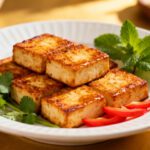 Best air fryer tofu with crispy golden tofu cubes, caramelized edges, fresh cilantro, mint leaves, and sliced red peppers, served as a flavorful high protein vegetarian meal.