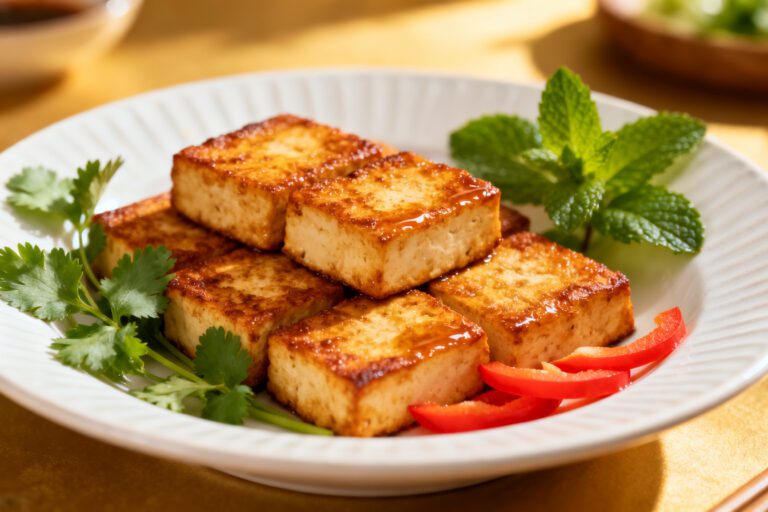 Best air fryer tofu with crispy golden tofu cubes, caramelized edges, fresh cilantro, mint leaves, and sliced red peppers, served as a flavorful high protein vegetarian meal.