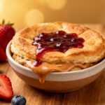 Air fryer peanut butter and jelly sandwich with crispy golden toasted bread, creamy peanut butter, sweet strawberry jam, and fresh strawberries and blueberries, served as a warm comforting snack.