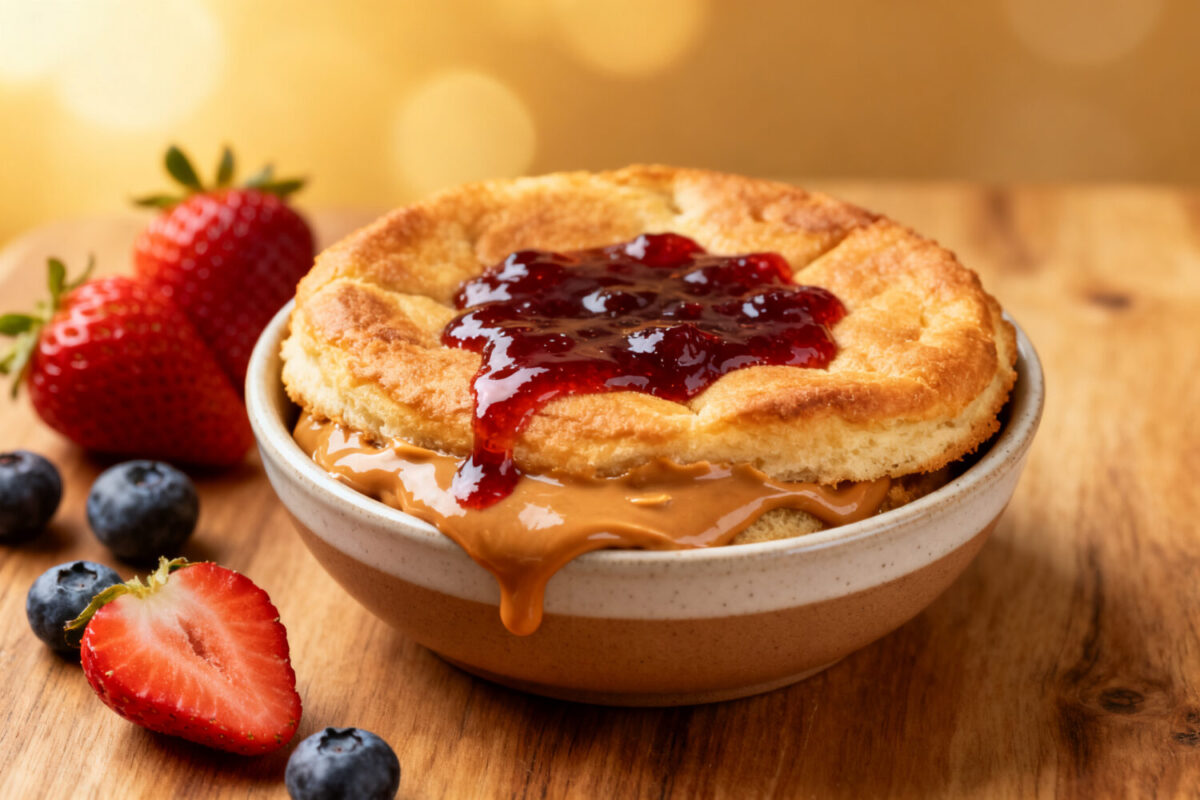 Air fryer peanut butter and jelly sandwich with crispy golden toasted bread, creamy peanut butter, sweet strawberry jam, and fresh strawberries and blueberries, served as a warm comforting snack.