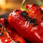 Air fryer roasted red peppers with blistered charred skins, tender sweet roasted peppers, and smoky flavor, served as a versatile ingredient for sandwiches, salads, pasta, or Mediterranean dishes.