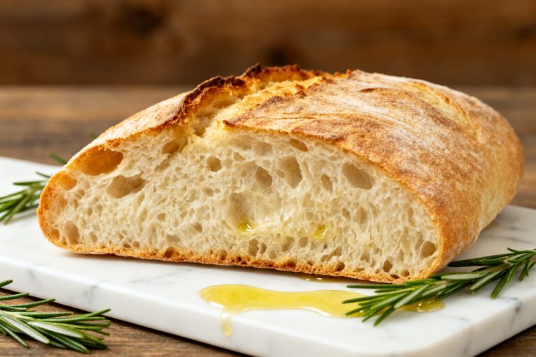 Air fryer ciabatta bread with a crispy golden crust, chewy airy crumb, rosemary sprigs, and olive oil, served as a rustic homemade Italian bread.