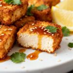 Air fryer chicken fried tofu with a crispy golden coating, tender tofu center, savory sauce, sesame seeds, fresh cilantro, and lemon wedges, served as a comforting vegetarian main dish.