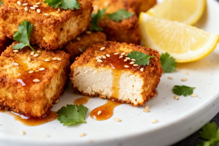 Air fryer chicken fried tofu with a crispy golden coating, tender tofu center, savory sauce, sesame seeds, fresh cilantro, and lemon wedges, served as a comforting vegetarian main dish.