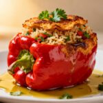 Air fryer stuffed peppers with rice featuring a tender roasted red bell pepper filled with seasoned rice, herbs, and melted cheese, served as a cozy family friendly dinner.