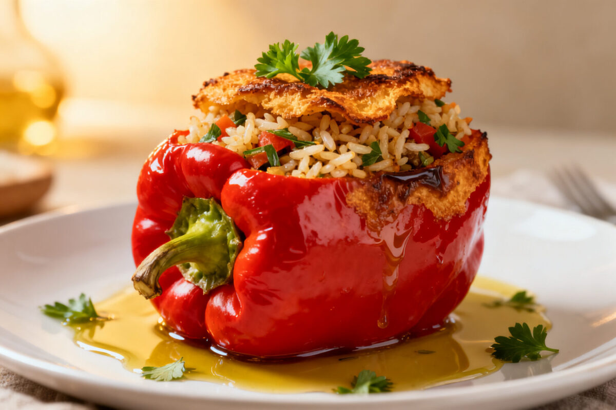 Air fryer stuffed peppers with rice featuring a tender roasted red bell pepper filled with seasoned rice, herbs, and melted cheese, served as a cozy family friendly dinner.