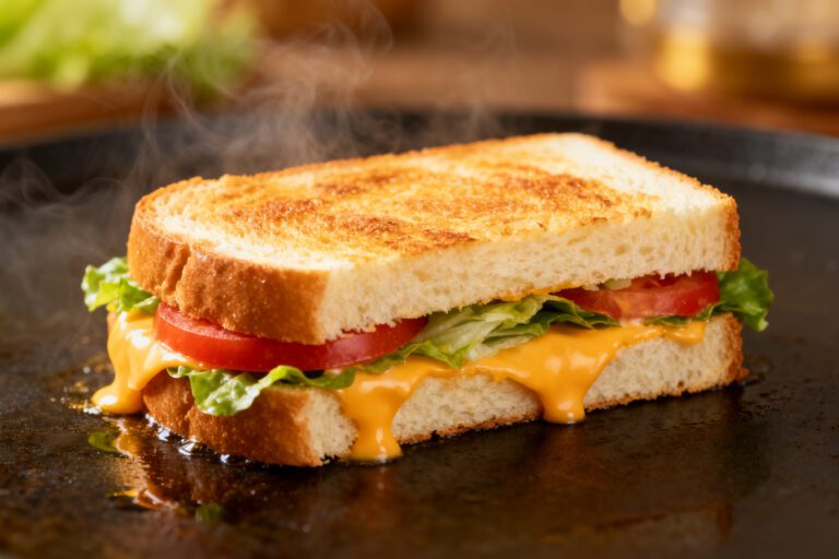 Air fryer sandwich bread with soft toasted white bread, melted cheddar cheese, fresh lettuce, sliced tomatoes, and steam rising, served as a quick homemade sandwich.