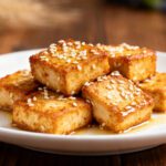 Air fryer sesame tofu with crispy golden tofu cubes coated in sesame seeds, lightly glazed with savory sauce, served as a high protein vegetarian weeknight dinner.