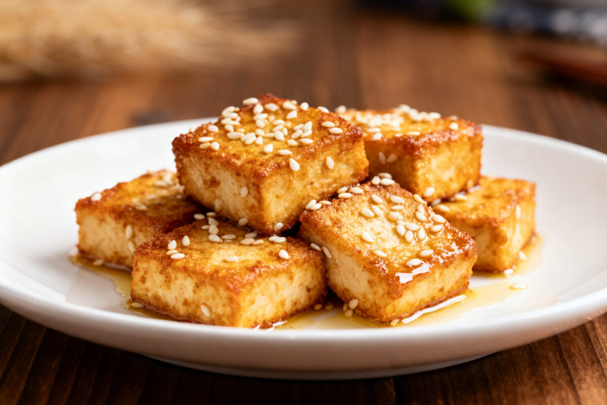Air fryer sesame tofu with crispy golden tofu cubes coated in sesame seeds, lightly glazed with savory sauce, served as a high protein vegetarian weeknight dinner.