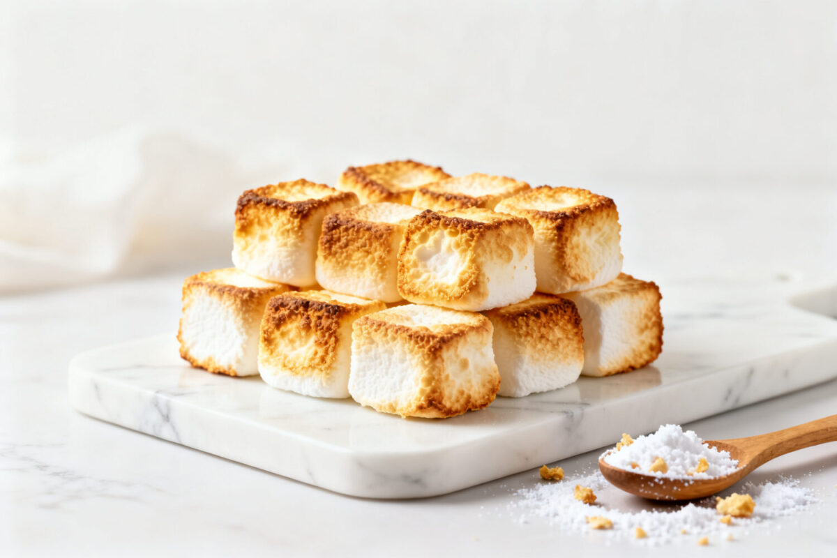 Air fryer dehydrated marshmallows with toasted golden marshmallows featuring a light crunchy texture, stacked on a marble board and served as a sweet homemade snack.