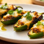 Air fryer stuffed jalapeno peppers with roasted jalapenos filled with a creamy cheesy mixture, melted cheddar cheese, fresh cilantro, and lightly charred edges, served as a crowd pleasing appetizer.