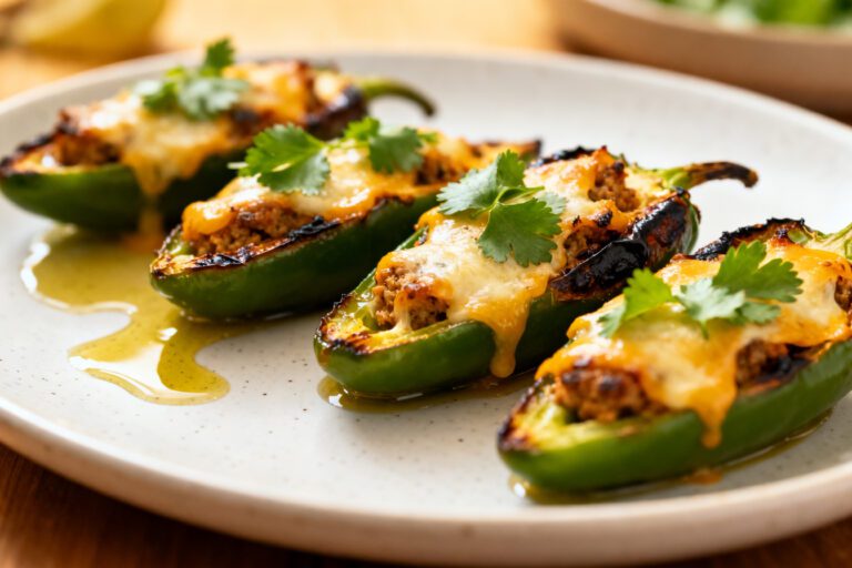 Air fryer stuffed jalapeno peppers with roasted jalapenos filled with a creamy cheesy mixture, melted cheddar cheese, fresh cilantro, and lightly charred edges, served as a crowd pleasing appetizer.