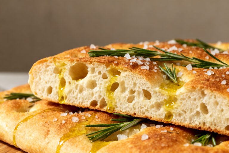Air fryer focaccia bread with a crispy golden crust, chewy airy crumb, rosemary sprigs, flaky sea salt, and olive oil, served as a rustic homemade Italian bread.