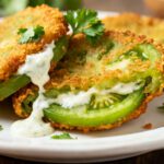 Air fryer fried green tomatoes with crispy golden breaded green tomato slices, tangy tender centers, creamy herb dipping sauce, and fresh parsley, served as a Southern inspired appetizer.
