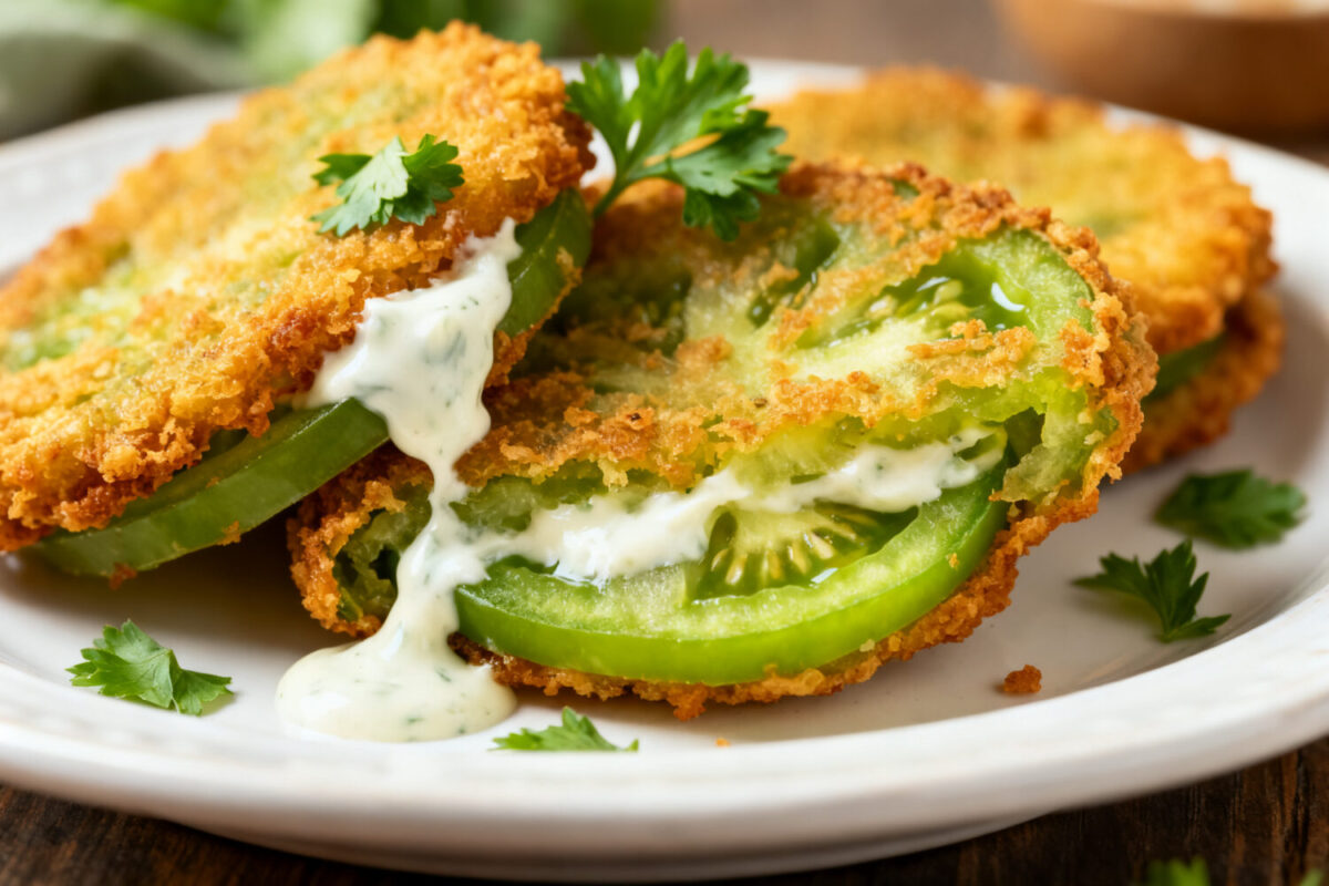 Air fryer fried green tomatoes with crispy golden breaded green tomato slices, tangy tender centers, creamy herb dipping sauce, and fresh parsley, served as a Southern inspired appetizer.