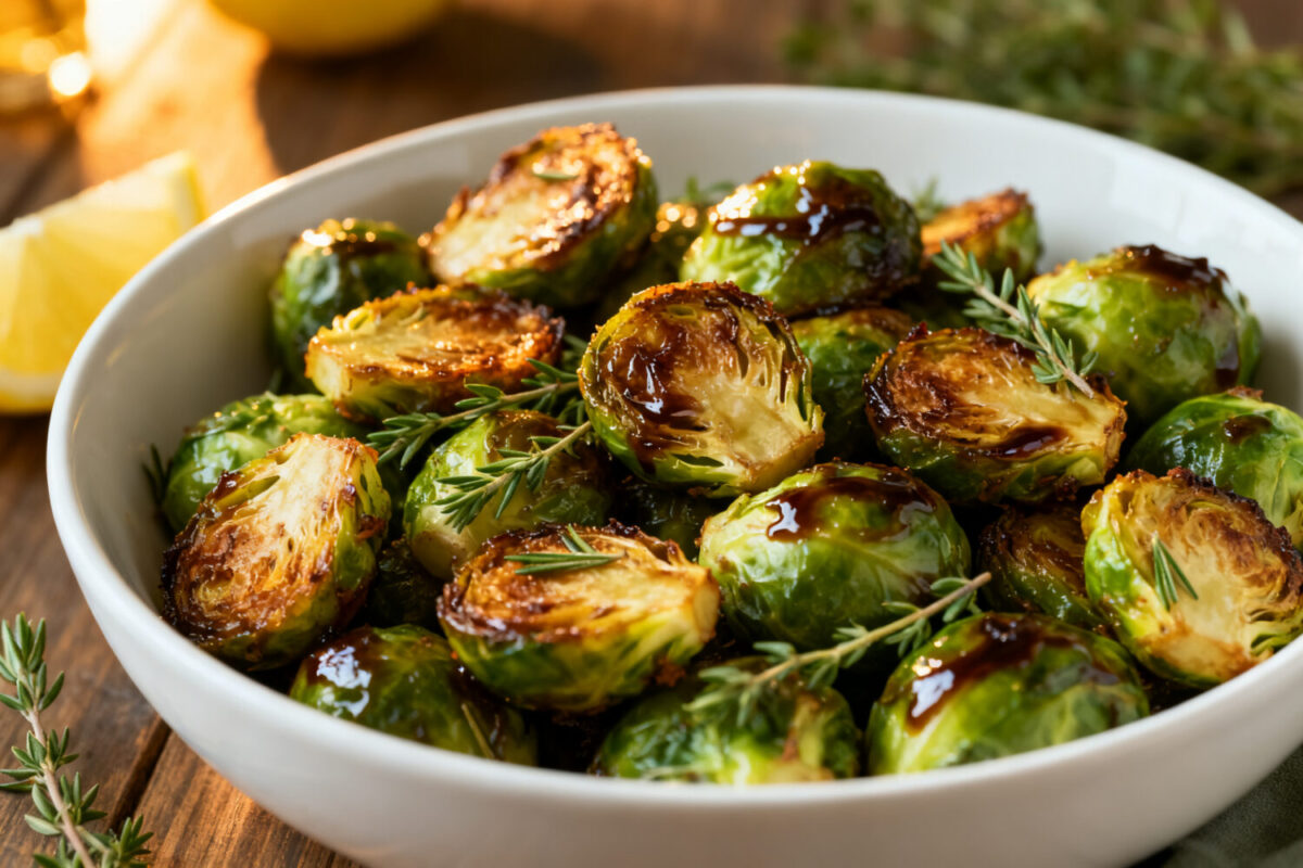 Air fryer balsamic Brussels sprouts with crispy caramelized Brussels sprouts, glossy balsamic glaze, fresh rosemary, and lemon wedges, served as a flavorful vegetable side dish.