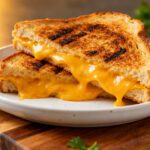 Air fryer grilled cheese hot dogs with crispy golden toasted bread, gooey melted cheddar cheese, grill marks, and a rich cheesy center, served as a quick comfort food meal.
