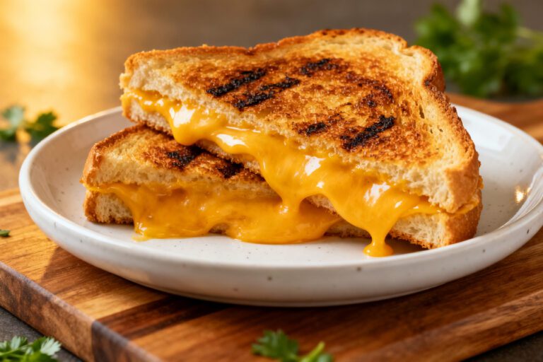 Air fryer grilled cheese hot dogs with crispy golden toasted bread, gooey melted cheddar cheese, grill marks, and a rich cheesy center, served as a quick comfort food meal.