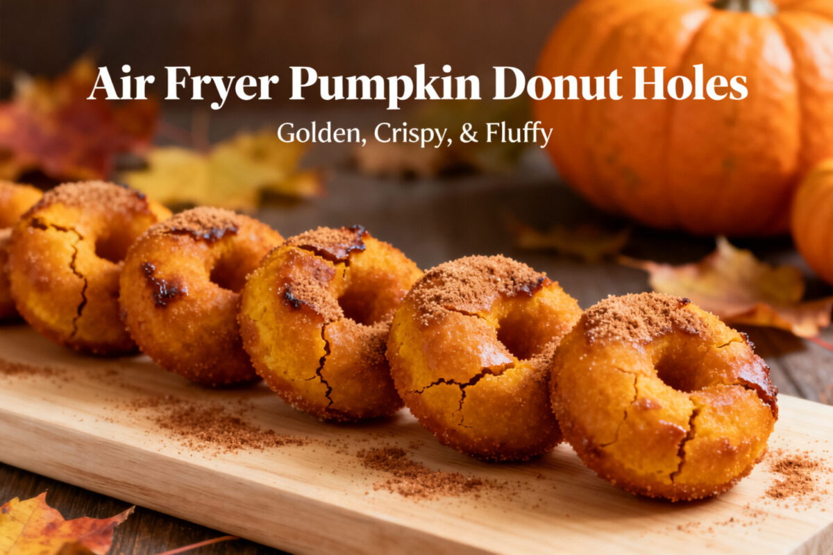 Air fryer pumpkin donut holes coated in cinnamon sugar with a soft fluffy interior, warm pumpkin spice flavor, and a golden exterior, served as a cozy fall dessert.