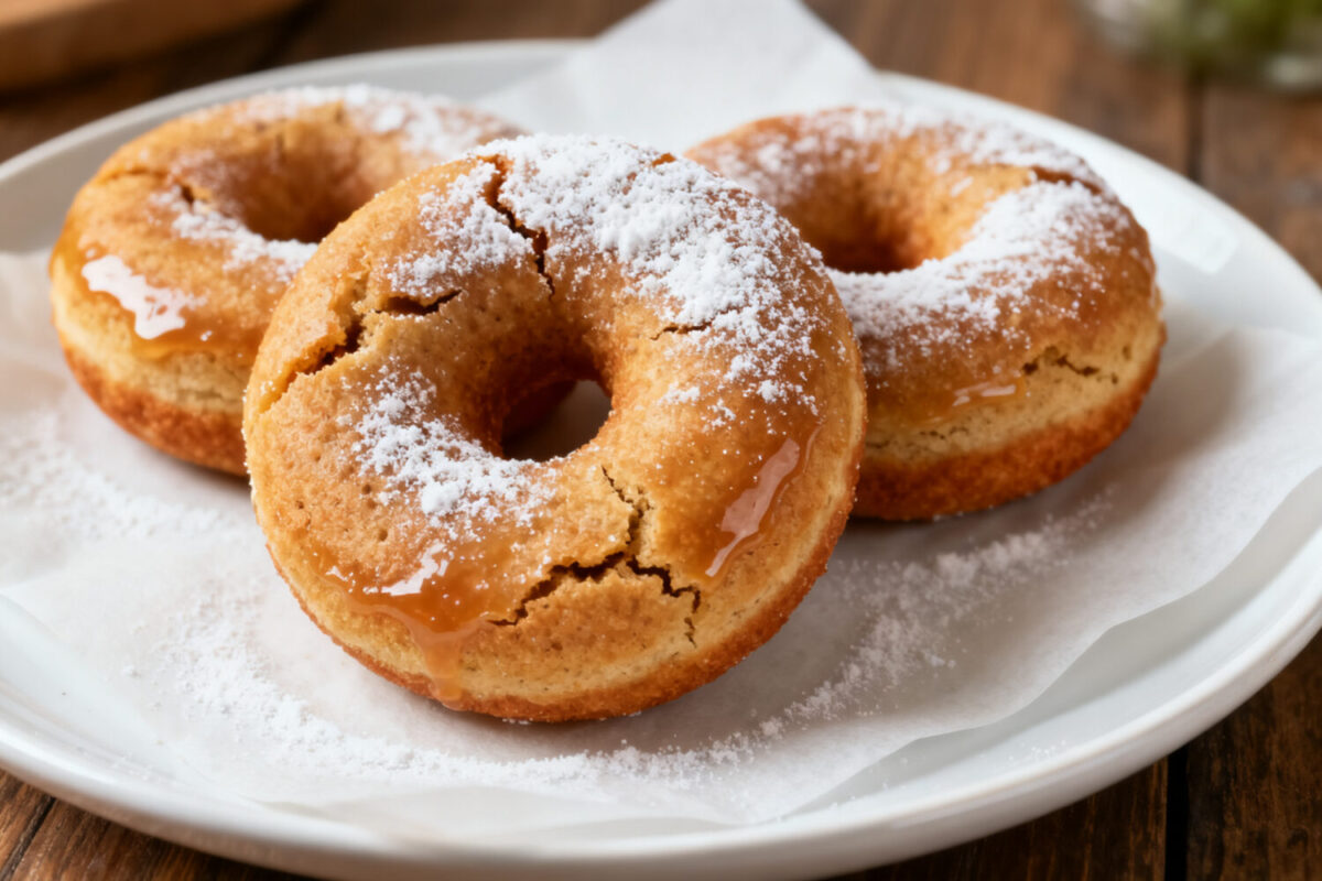 Air fryer gluten free donuts with a light fluffy texture, golden baked exterior, and a dusting of powdered sugar, served as an easy homemade gluten free dessert.