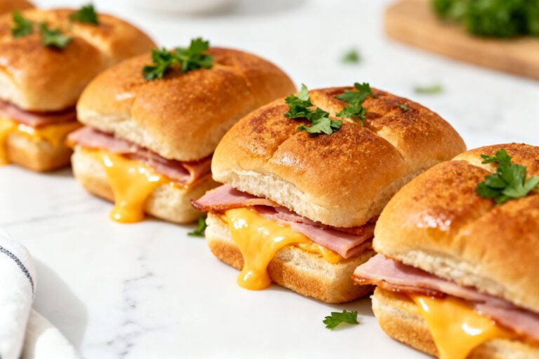 Air fryer ham and cheese sliders with soft golden slider buns, savory sliced ham, gooey melted cheddar cheese, buttery tops, and fresh parsley, served as an easy party appetizer.
