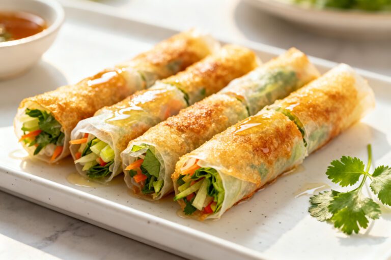 Air fryer rice paper rolls with crispy golden wrappers, fresh vegetables, herbs, and a light dipping sauce, served as a crunchy appetizer or light vegetarian meal.