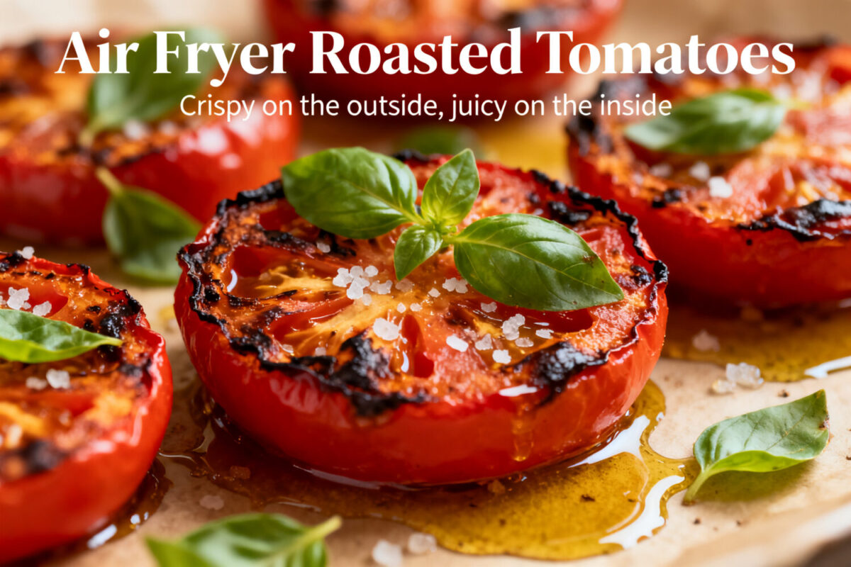 Air fryer roasted tomatoes with caramelized roasted tomato halves, charred edges, fresh basil leaves, flaky sea salt, and olive oil, served as a flavorful vegetable side dish.