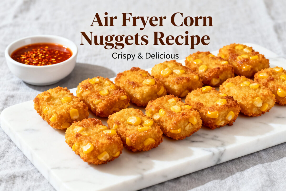 Air fryer corn nuggets with crispy golden breading, sweet corn kernels, and a crunchy exterior, served with a sweet chili dipping sauce as an easy appetizer or snack.