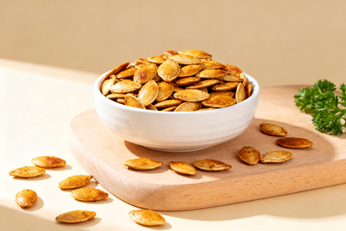 Air fryer pumpkin seeds with crispy golden roasted pumpkin seeds, savory seasoning, and a crunchy texture, served in a white bowl as an easy homemade snack.