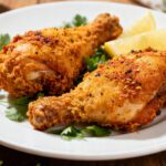 Air fryer gluten free fried chicken with crispy golden seasoned coating, juicy tender chicken drumsticks, fresh parsley, and lemon wedges, served as an easy gluten free dinner.