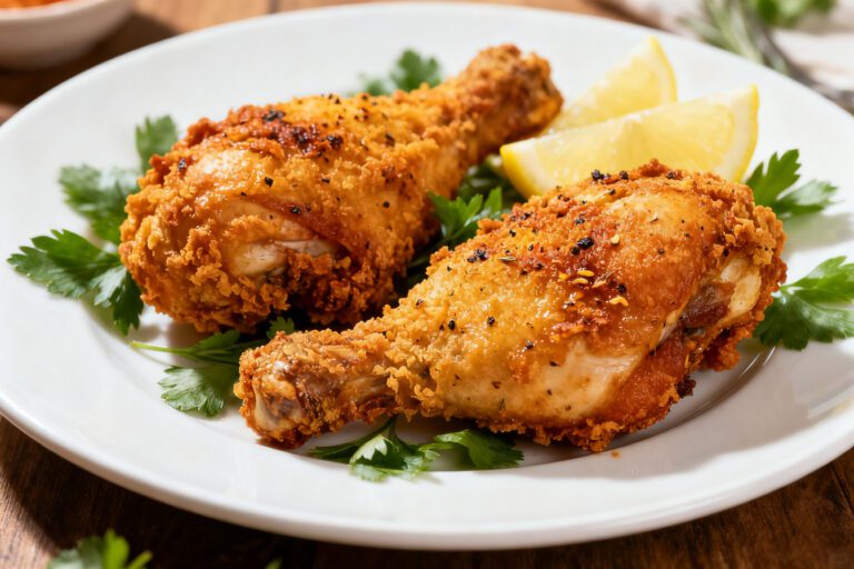 Air fryer gluten free fried chicken with crispy golden seasoned coating, juicy tender chicken drumsticks, fresh parsley, and lemon wedges, served as an easy gluten free dinner.