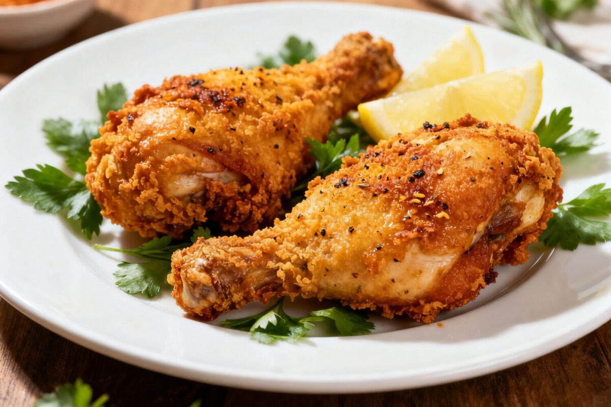 Air fryer gluten free fried chicken with crispy golden seasoned coating, juicy tender chicken drumsticks, fresh parsley, and lemon wedges, served as an easy gluten free dinner.