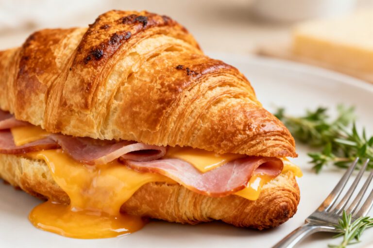 Air fryer ham and cheese croissant with flaky buttery croissant, savory sliced ham, gooey melted cheddar cheese, and fresh rosemary, served as a warm breakfast or brunch sandwich.