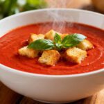 Air fryer tomato soup with a rich creamy tomato base, crispy homemade croutons, fresh basil, and steam rising from the bowl, served as a cozy comforting meal.