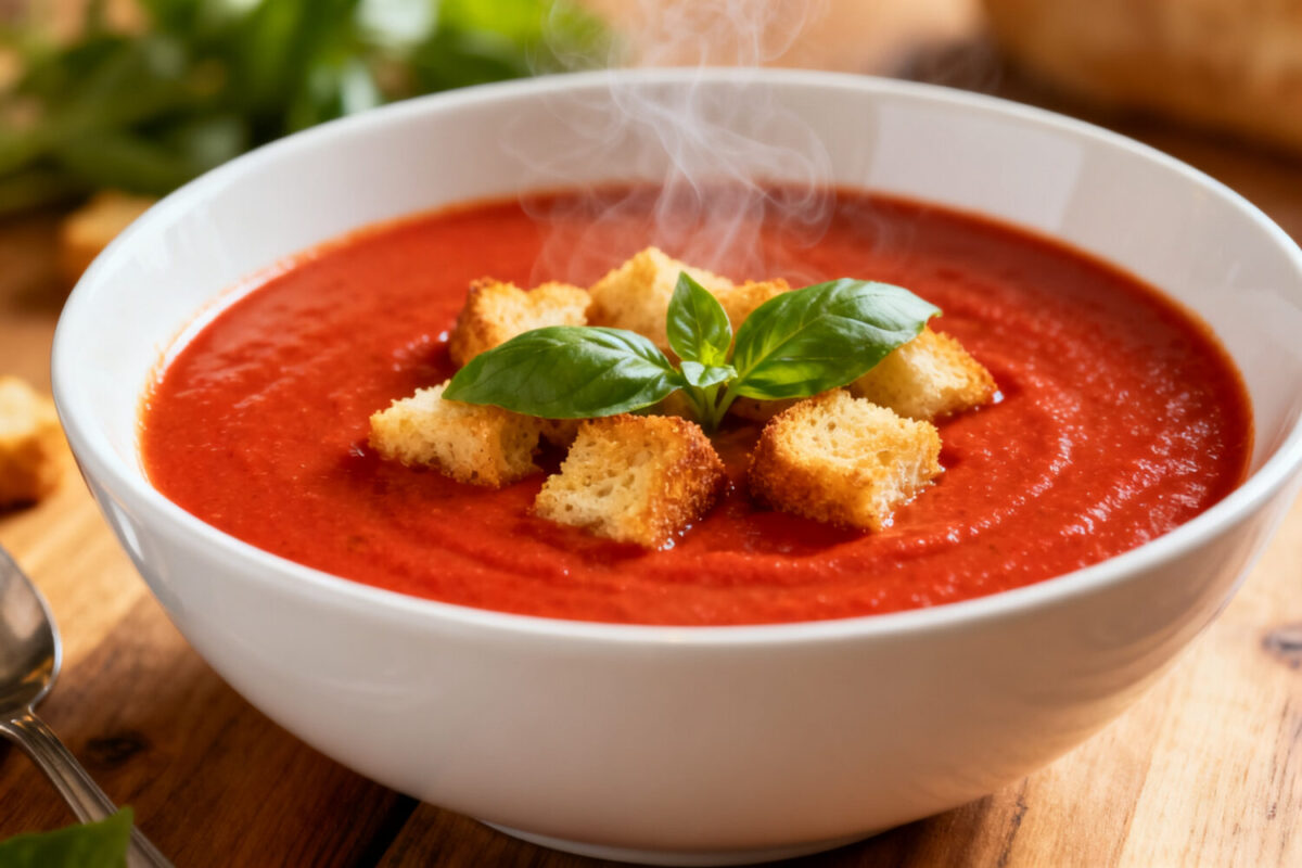 Air fryer tomato soup with a rich creamy tomato base, crispy homemade croutons, fresh basil, and steam rising from the bowl, served as a cozy comforting meal.