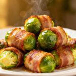 Air fryer bacon wrapped Brussels sprouts with crispy bacon, caramelized Brussels sprouts, glossy roasted finish, and steam rising, served as a savory appetizer or flavorful side dish.
