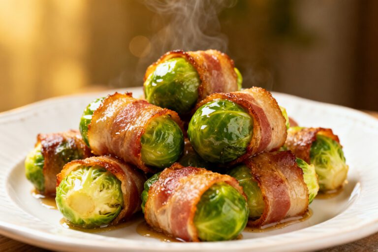 Air fryer bacon wrapped Brussels sprouts with crispy bacon, caramelized Brussels sprouts, glossy roasted finish, and steam rising, served as a savory appetizer or flavorful side dish.
