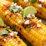 Air fryer street corn with charred grilled corn on the cob, cotija cheese, chili seasoning, fresh cilantro, and lime wedges, served as a flavorful Mexican inspired side dish.