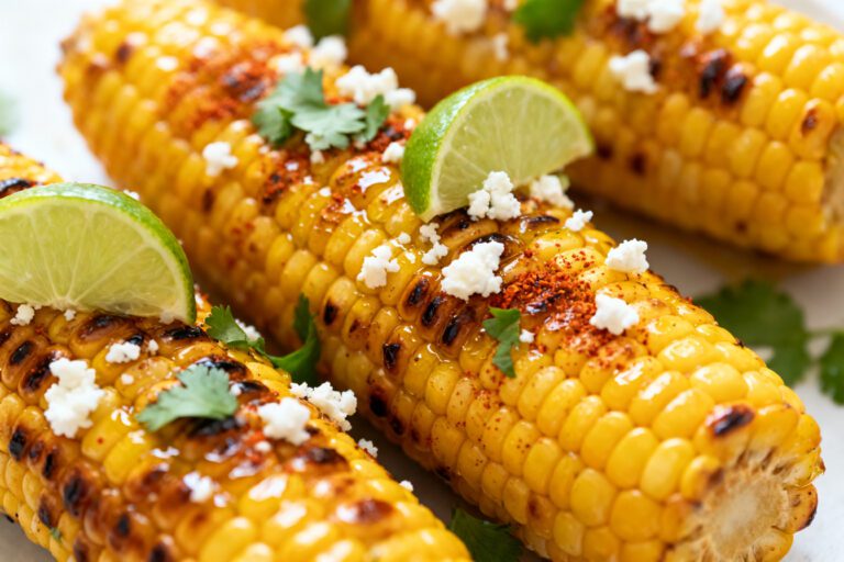 Air fryer street corn with charred grilled corn on the cob, cotija cheese, chili seasoning, fresh cilantro, and lime wedges, served as a flavorful Mexican inspired side dish.