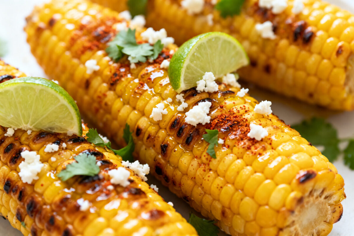 Air fryer street corn with charred grilled corn on the cob, cotija cheese, chili seasoning, fresh cilantro, and lime wedges, served as a flavorful Mexican inspired side dish.