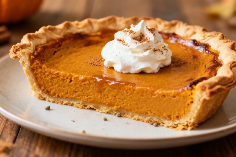 Air fryer pumpkin pie with a flaky golden pie crust, smooth creamy pumpkin filling, whipped cream, and a sprinkle of pumpkin pie spice, served as a classic fall dessert.