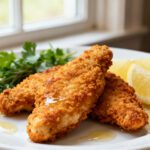 Air fryer gluten free chicken tenders with a crispy golden coating, juicy tender chicken, fresh rosemary, parsley, lemon wedges, and a light drizzle of olive oil, served as an easy gluten free dinner.